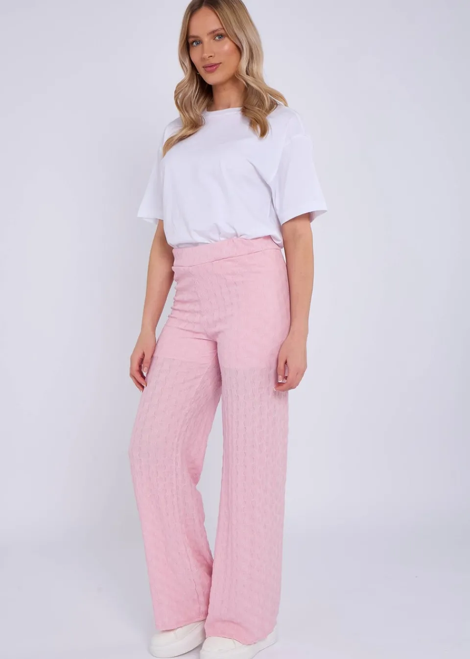 Trousers>Gini London Pink Textured Elasticated Waist Flared Trousers