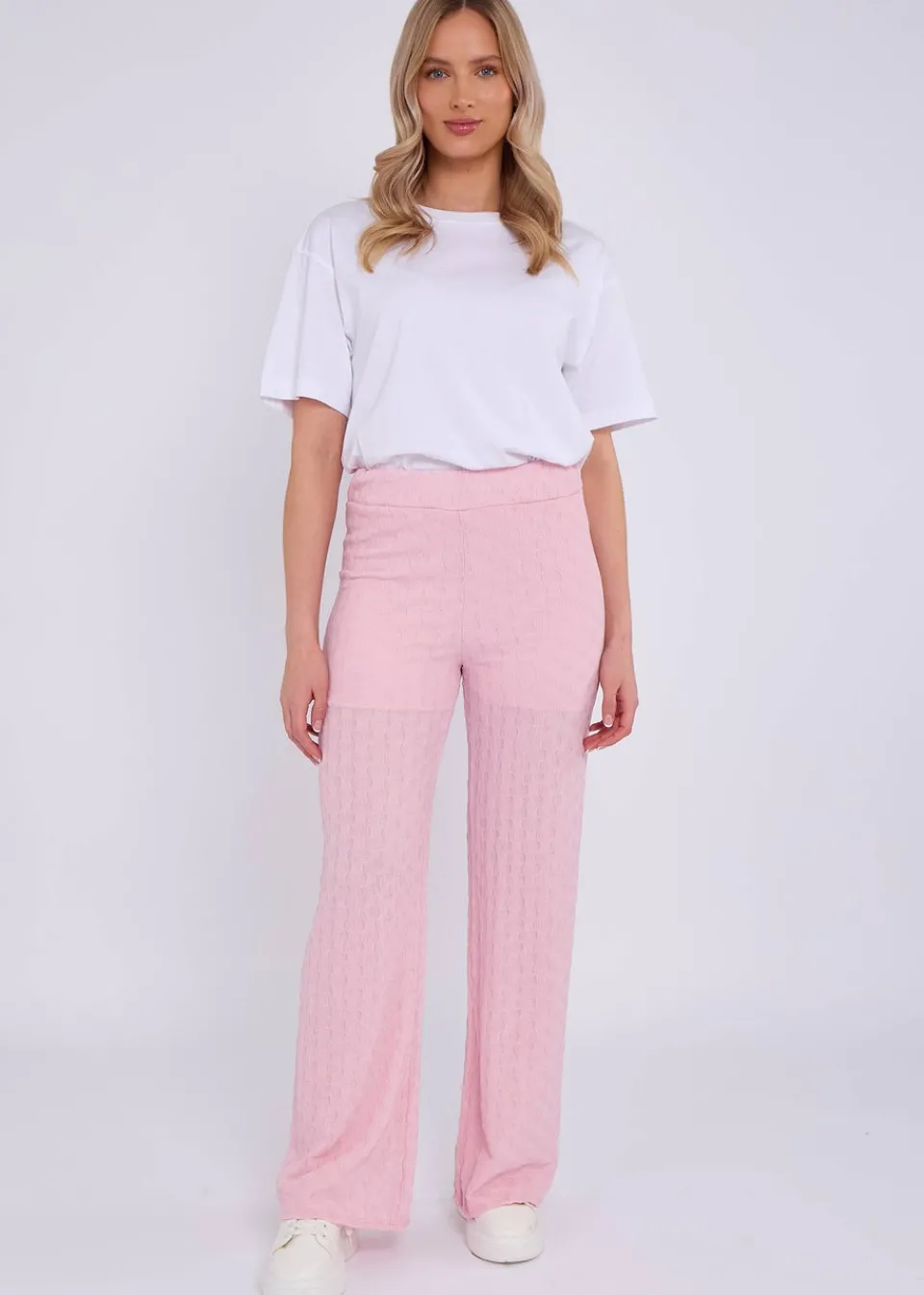Trousers>Gini London Pink Textured Elasticated Waist Flared Trousers