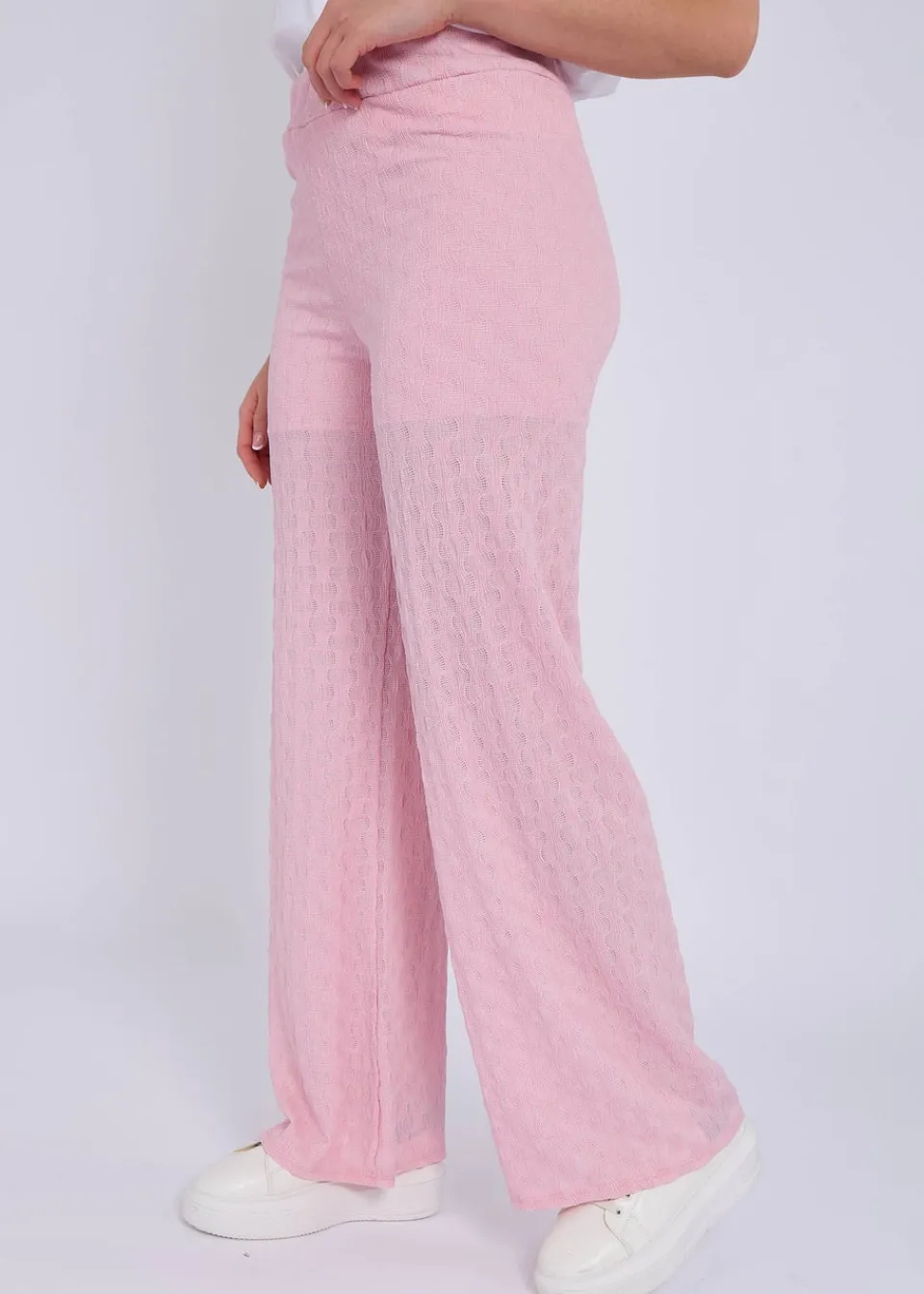 Trousers>Gini London Pink Textured Elasticated Waist Flared Trousers