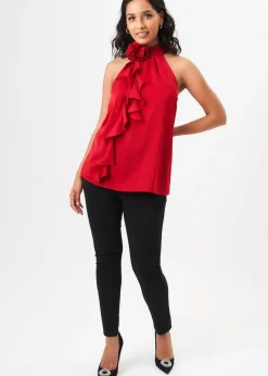 Tops>Gini London Red Corsage Frill Halter Neck Top
