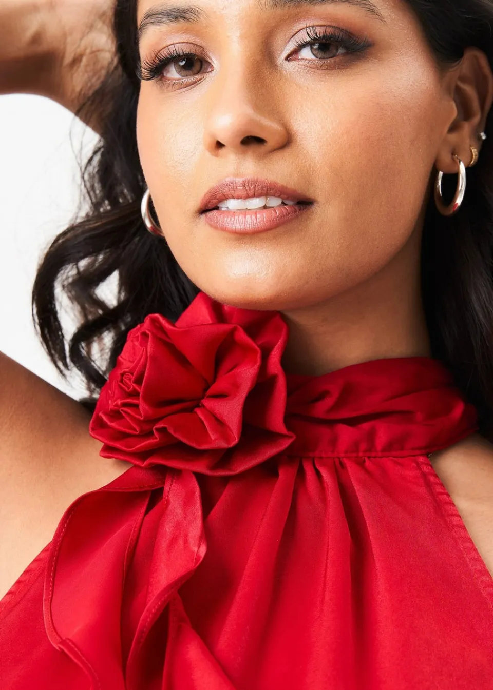 Tops>Gini London Red Corsage Frill Halter Neck Top