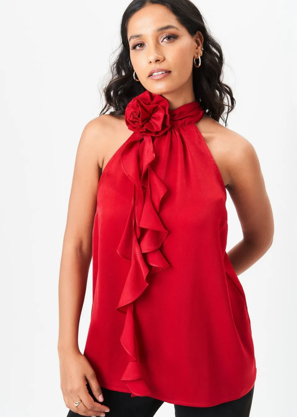 Tops>Gini London Red Corsage Frill Halter Neck Top