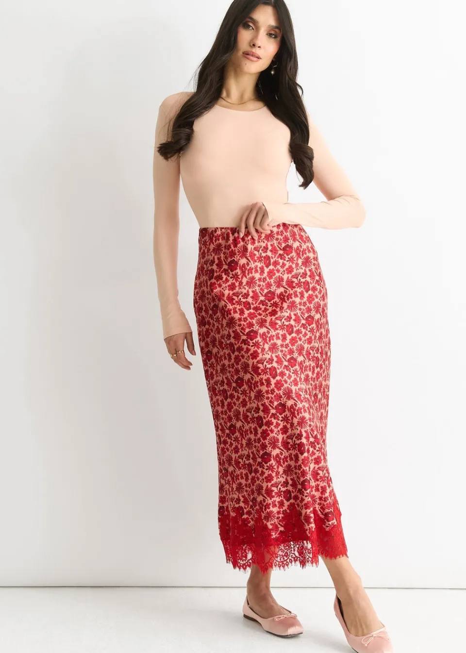Skirts>Gini London Red Floral Lace Trim Bias Midi Skirt