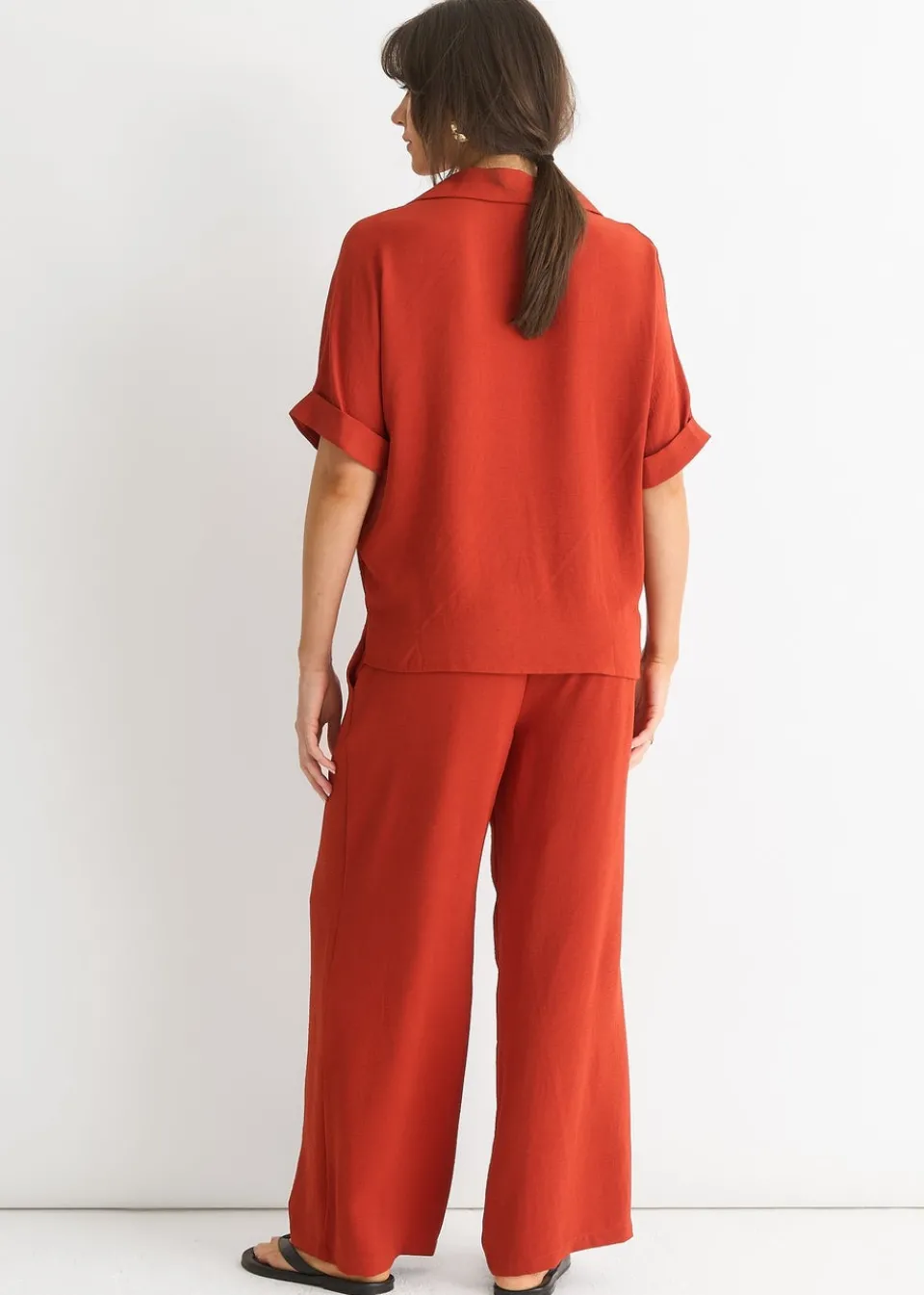 Trousers>Gini London Rust Elastic Waist Wide Leg Trousers