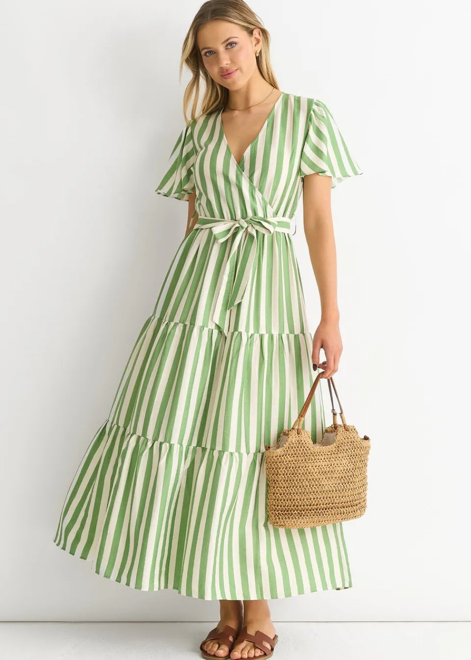 Dresses>Gini London Sage Green Stripe Wrap Belted Midi Dress