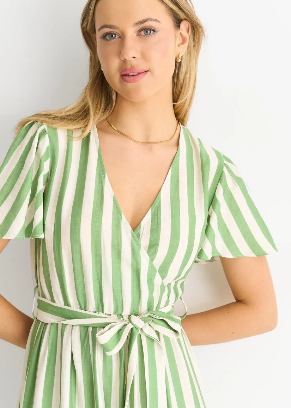 Dresses>Gini London Sage Green Stripe Wrap Belted Midi Dress