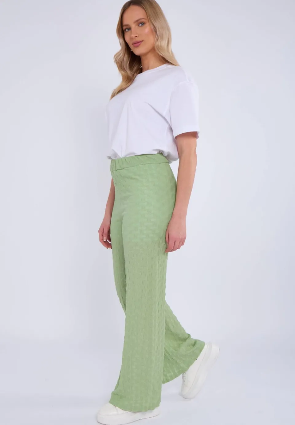 Trousers>Gini London Sage Green Textured Elasticated Waist Flared Trousers
