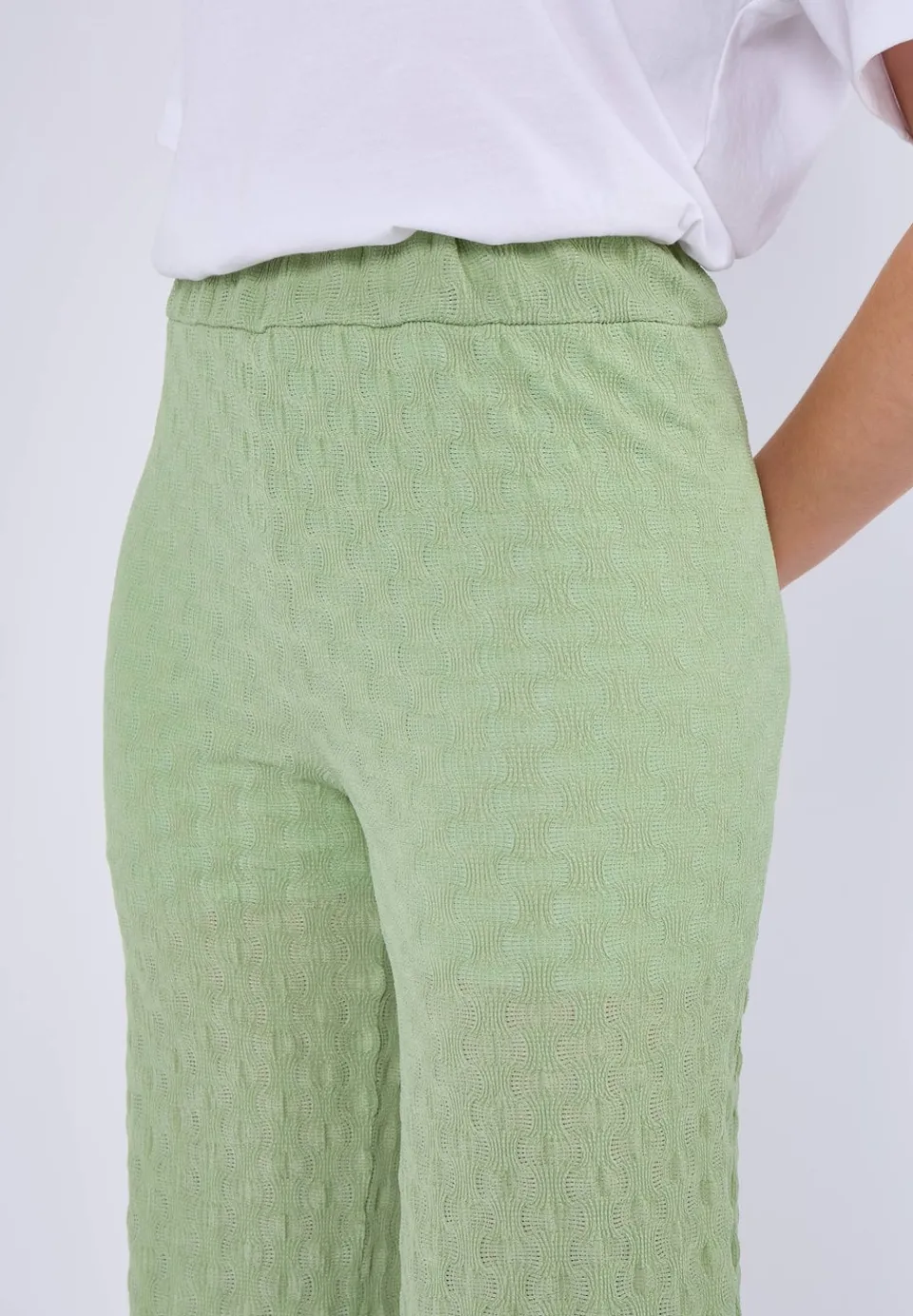 Trousers>Gini London Sage Green Textured Elasticated Waist Flared Trousers