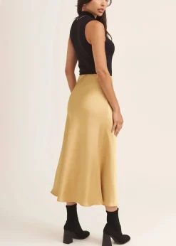 Skirts>Gini London Sandy Gold Satin Bias Cut Midi Skirt