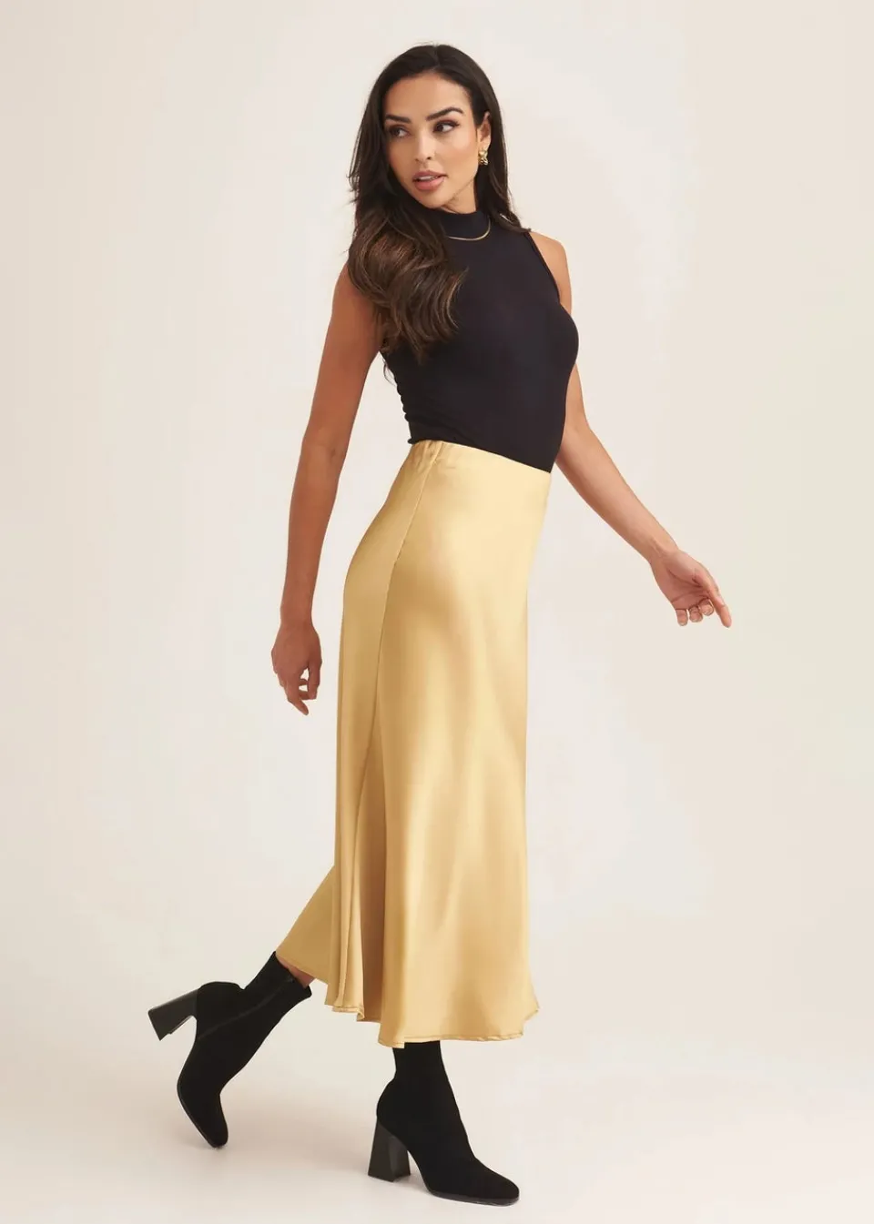 Skirts>Gini London Sandy Gold Satin Bias Cut Midi Skirt