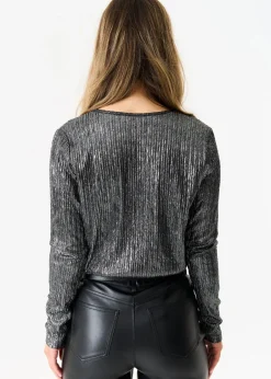 Tops>Gini London Silver Metallic Plisse Wrap Front Bodysuit