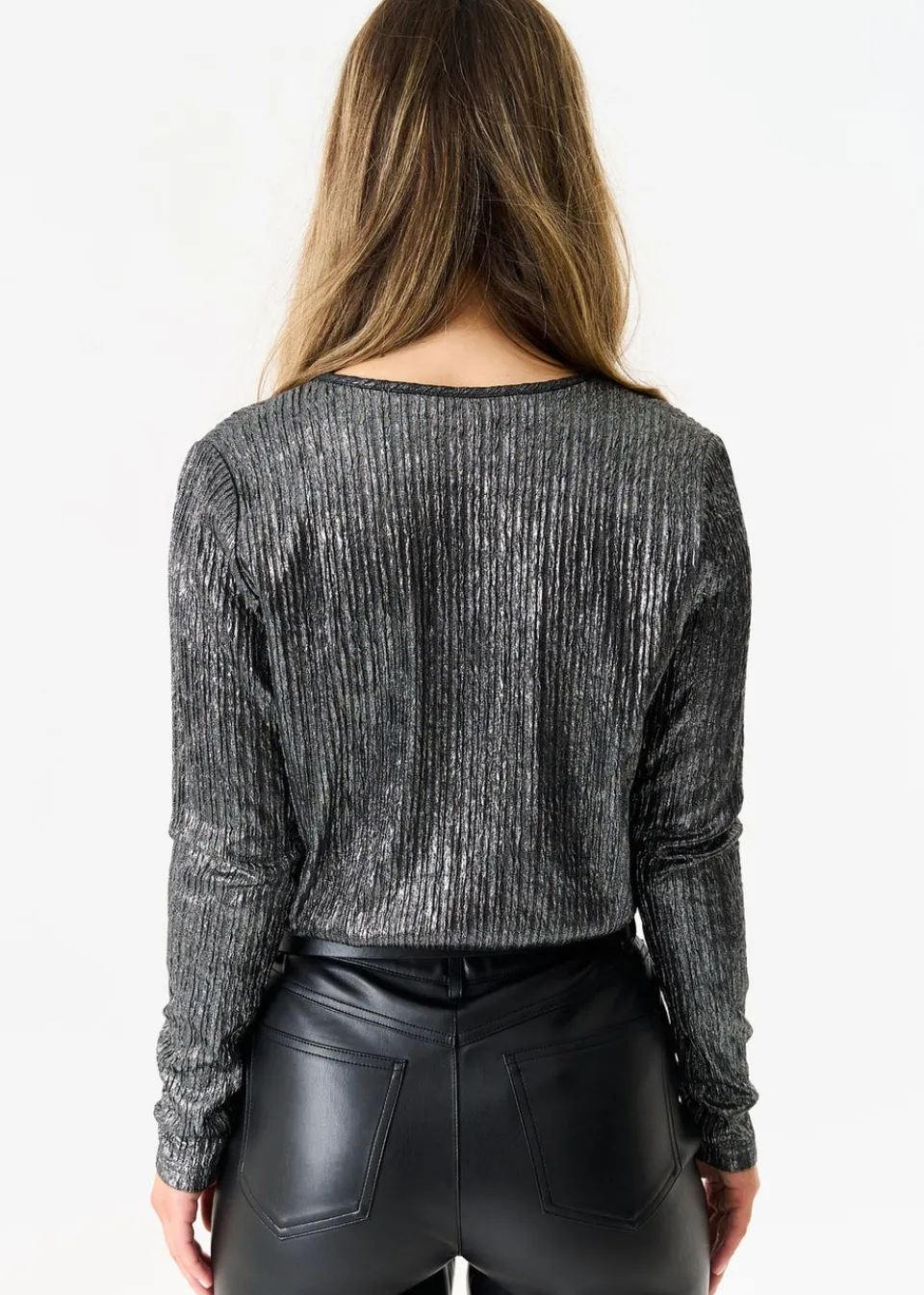 Tops>Gini London Silver Metallic Plisse Wrap Front Bodysuit