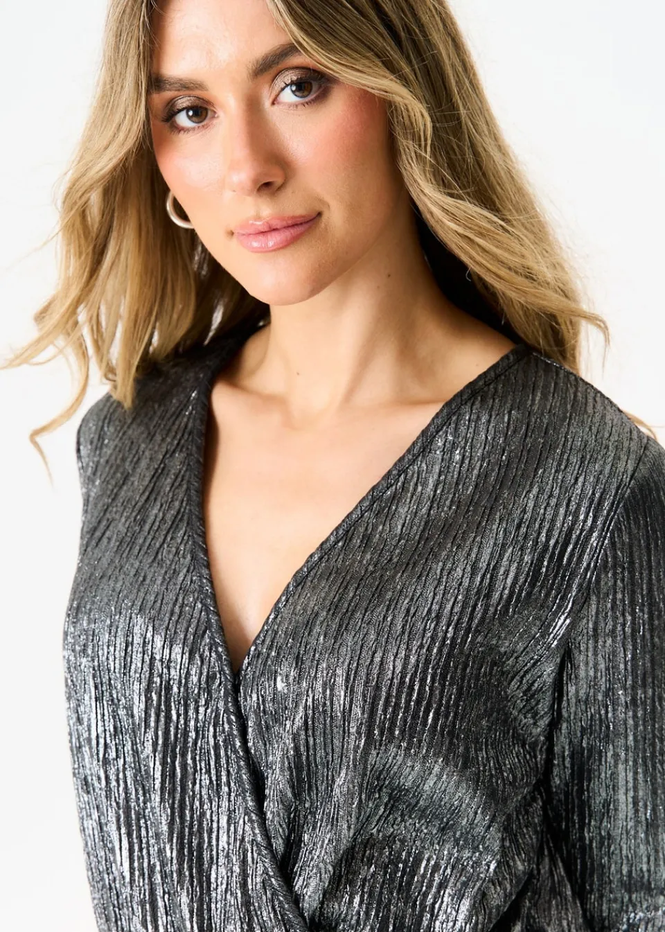 Tops>Gini London Silver Metallic Plisse Wrap Front Bodysuit