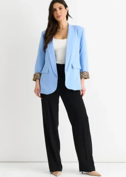Coats & Jackets>Gini London Sky Blue Contrast Animal Edge To Edge Blazer