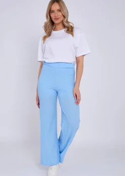 Trousers>Gini London Sky Blue Textured Elasticated Waist Flared Trousers