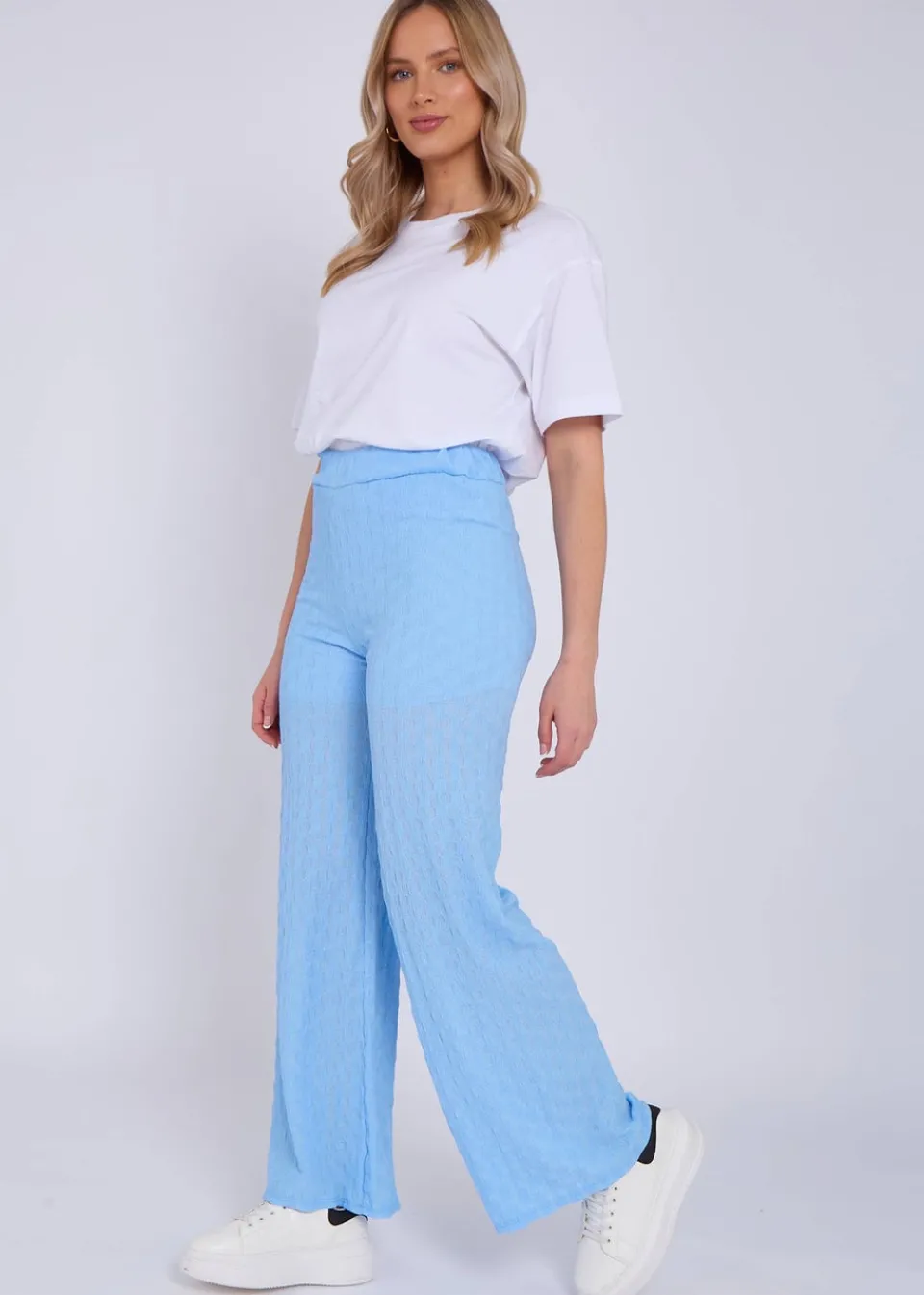 Trousers>Gini London Sky Blue Textured Elasticated Waist Flared Trousers