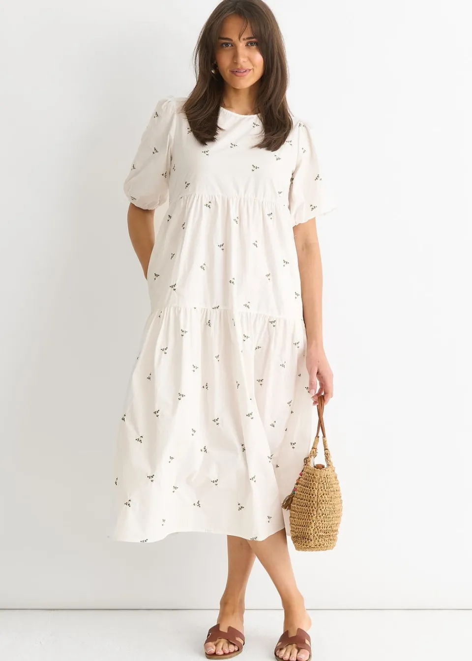 Dresses>Gini London White Broderie Cotton Smock Midi Dress