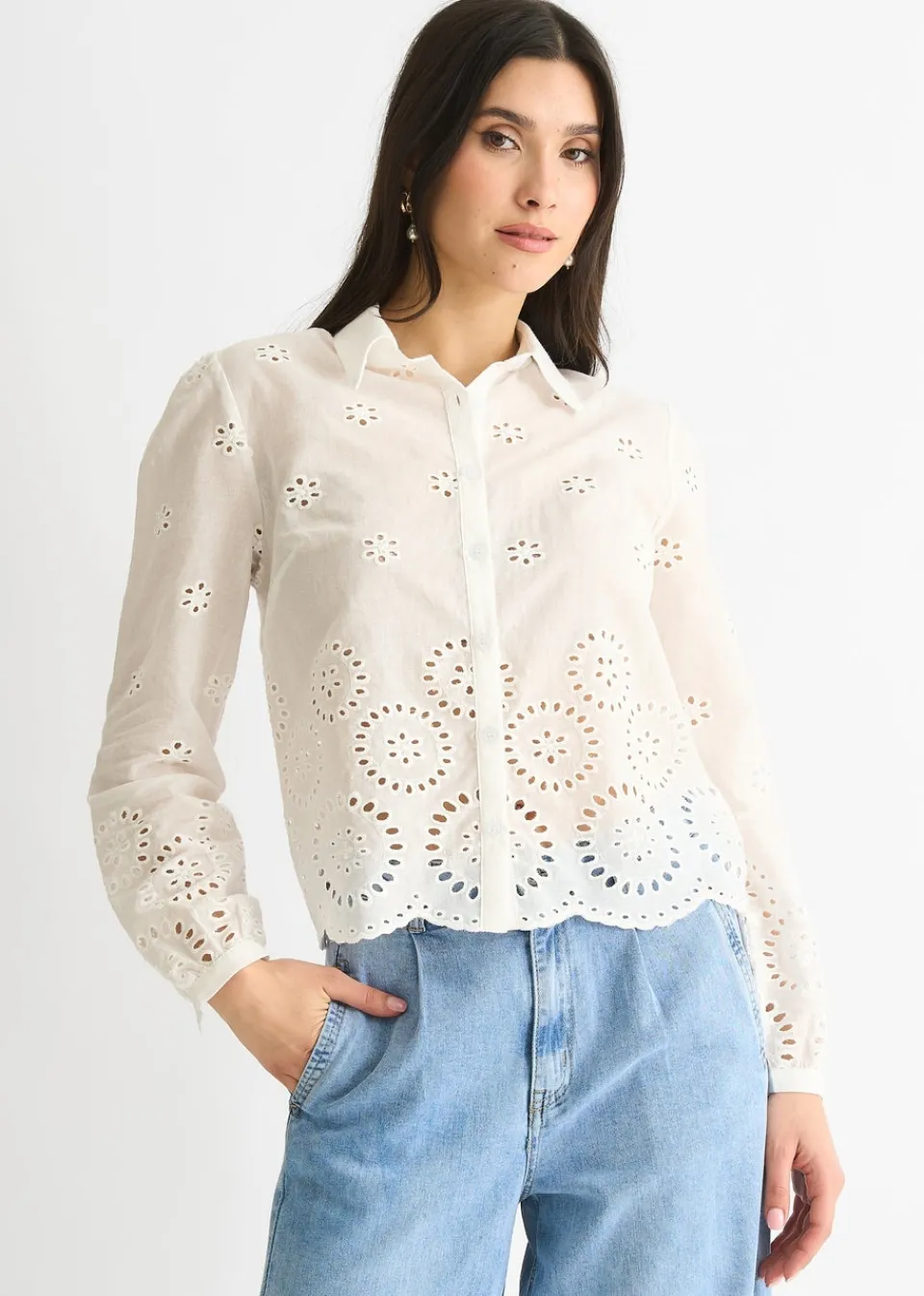 Tops>Gini London White Cotton Broderie Scallop Boxy Shirt Sequin V Neck Cami Top