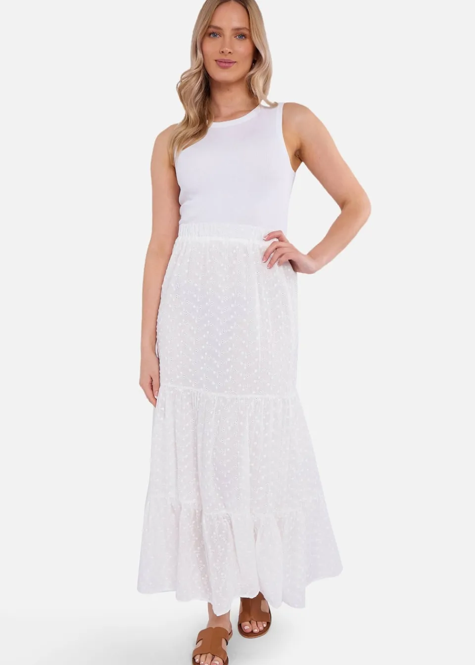 Skirts>Gini London White Cotton Broderie Skater Maxi Skirt