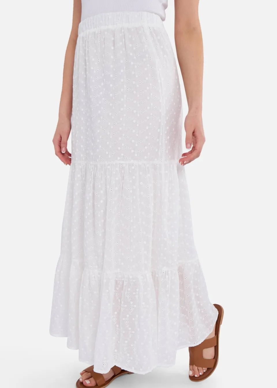 Skirts>Gini London White Cotton Broderie Skater Maxi Skirt
