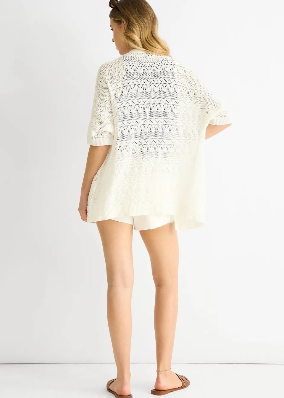 Tops>Gini London White Crochet Knit Edge to Edge Cardigan