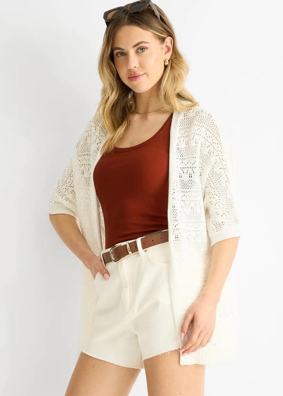 Tops>Gini London White Crochet Knit Edge to Edge Cardigan