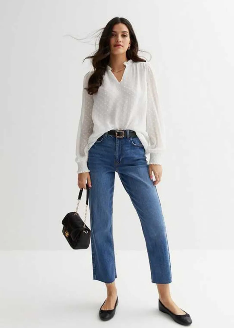 Tops>Gini London White Dobby Chiffon Frill Neck Blouse
