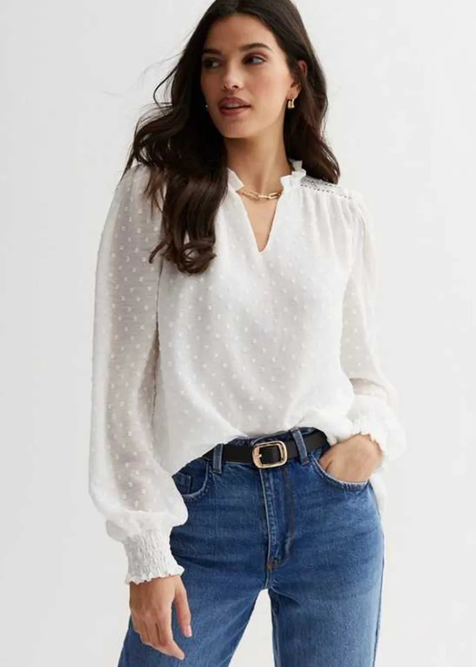 Tops>Gini London White Dobby Chiffon Frill Neck Blouse