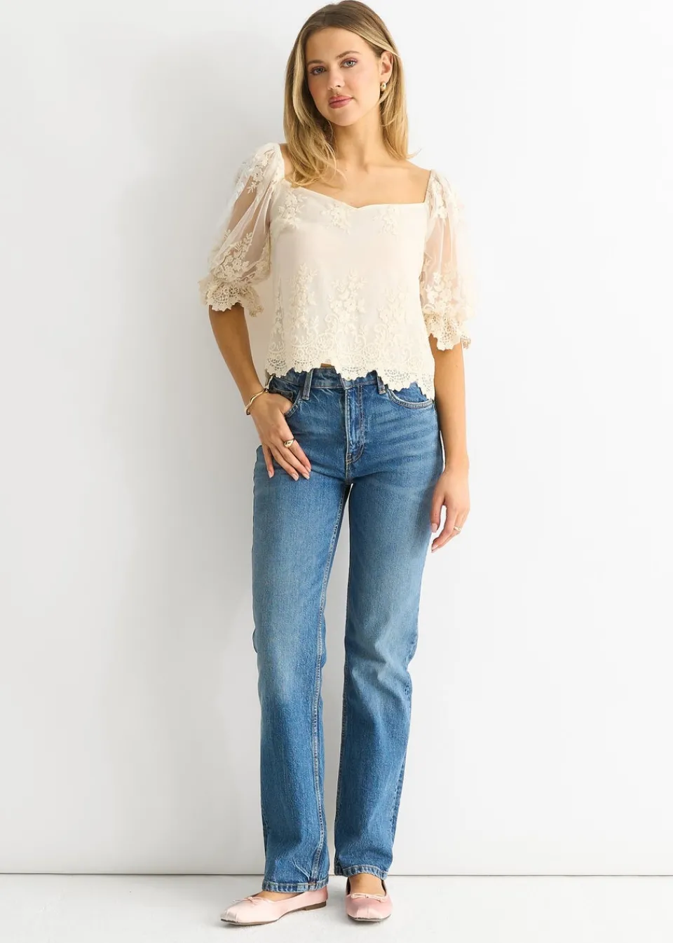 Tops>Gini London White Embroidered Lace Scallop Blouse