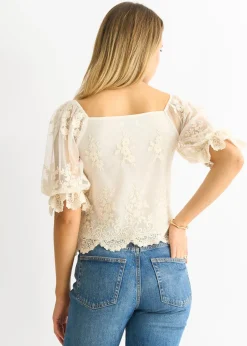 Tops>Gini London  White Embroidered Lace Scallop Blouse