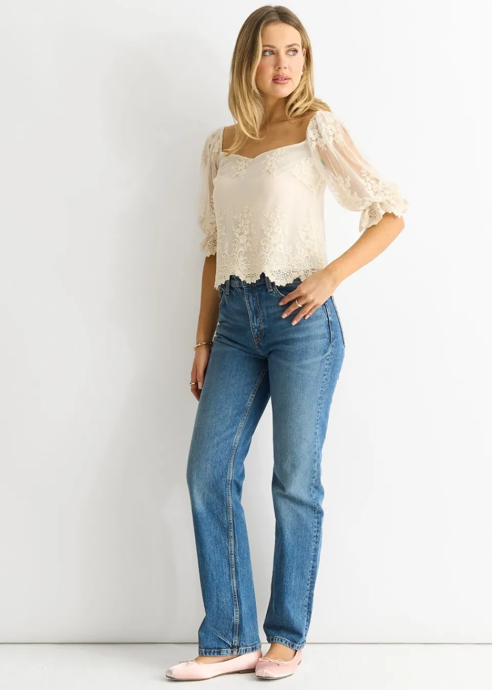 Tops>Gini London White Embroidered Lace Scallop Blouse