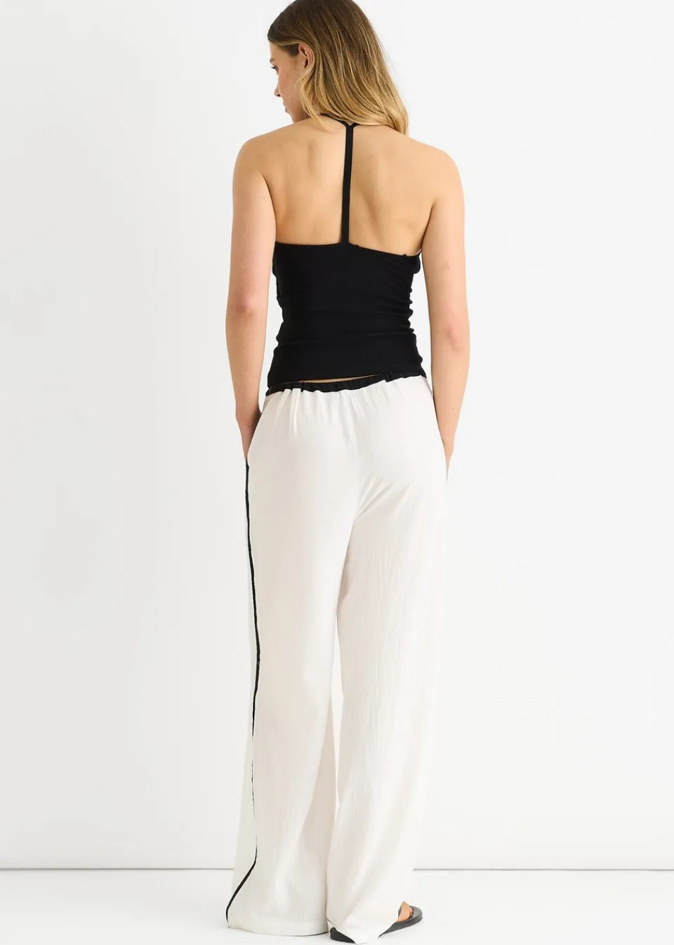 Trousers>Gini London White Linen Look Contrast Stripe Drawstring Trouser