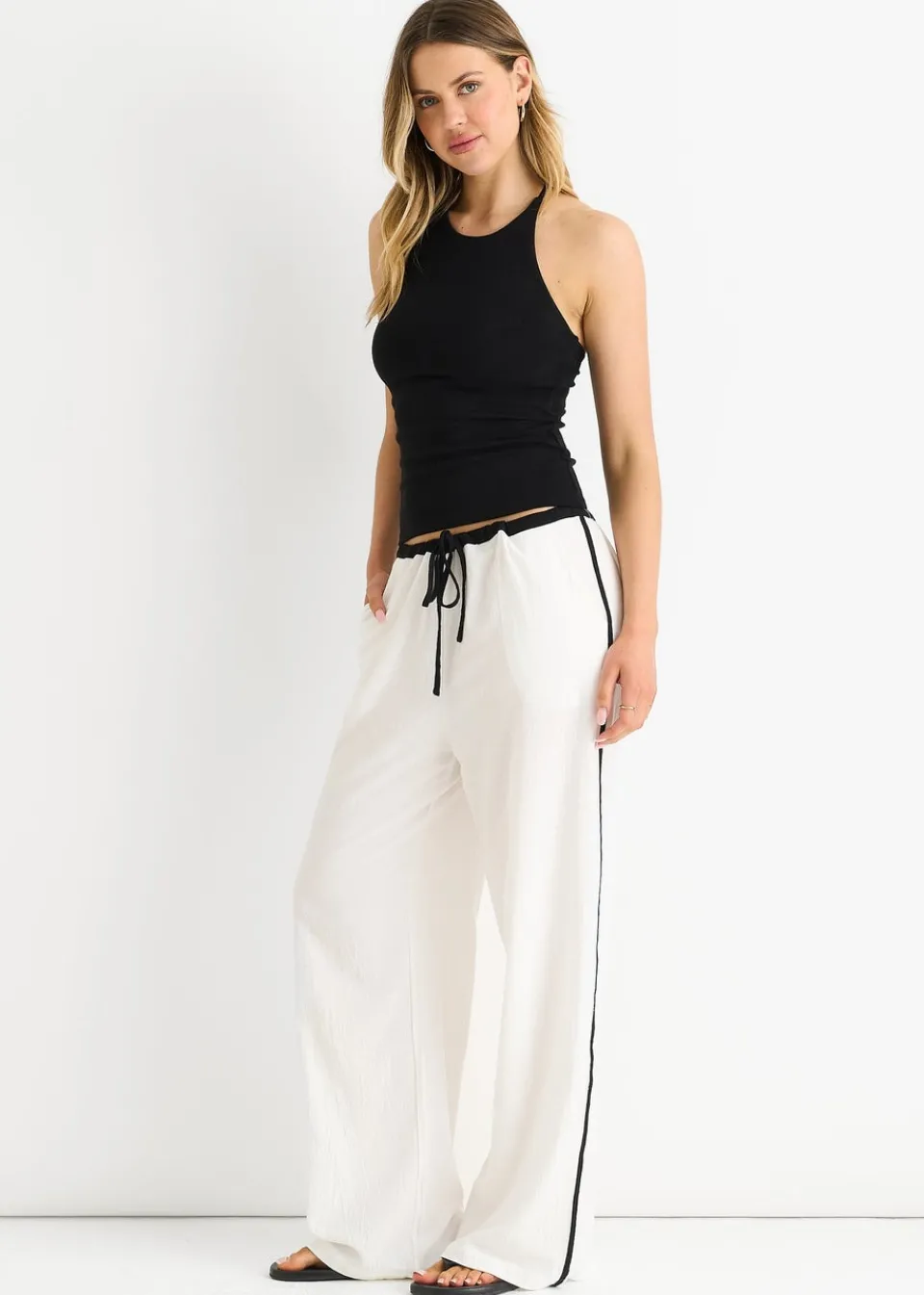 Trousers>Gini London White Linen Look Contrast Stripe Drawstring Trouser