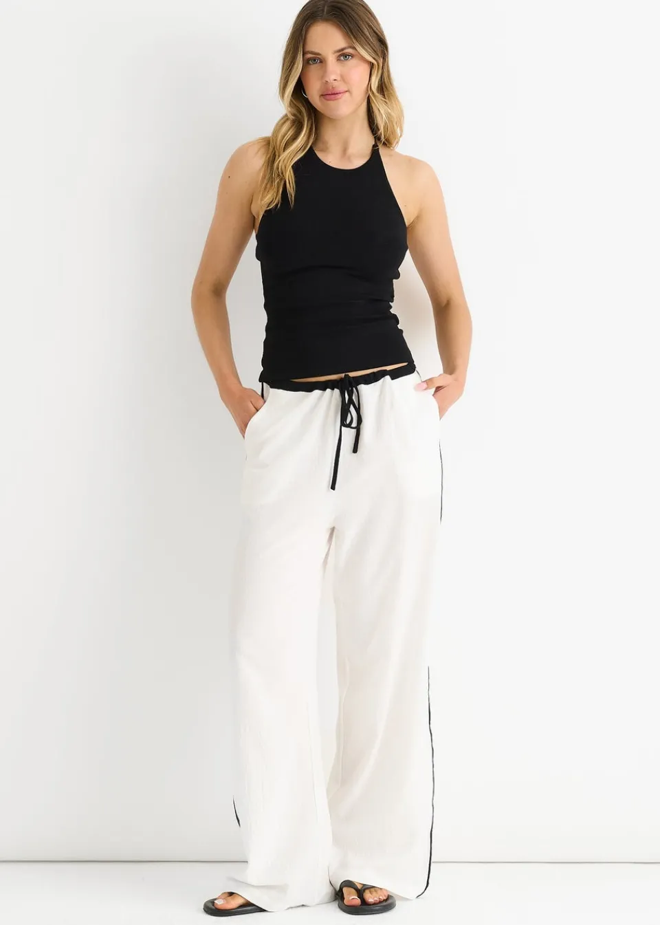 Trousers>Gini London White Linen Look Contrast Stripe Drawstring Trouser