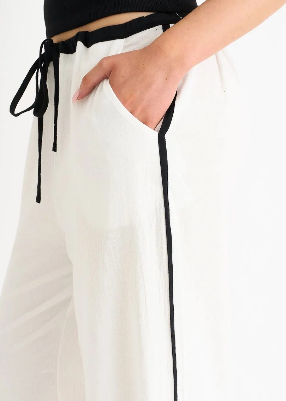Trousers>Gini London White Linen Look Contrast Stripe Drawstring Trouser
