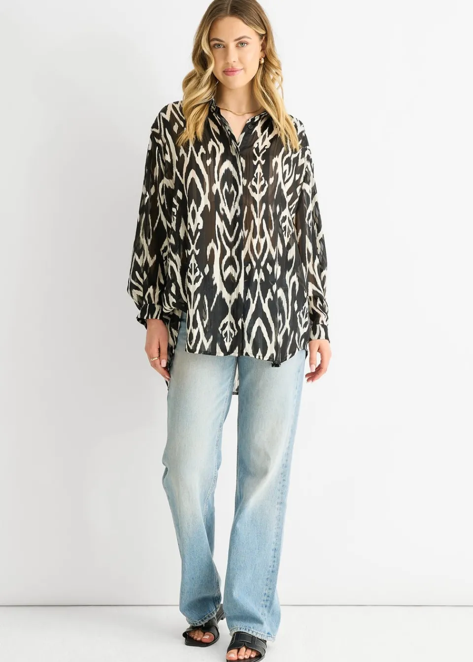 Tops>Gini London White Mono Abstract Print Oversized shirt