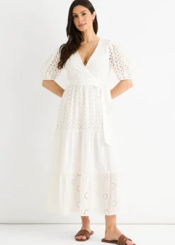 Dresses>Gini London White Wrap Broderie Cotton Belted Midi Dress