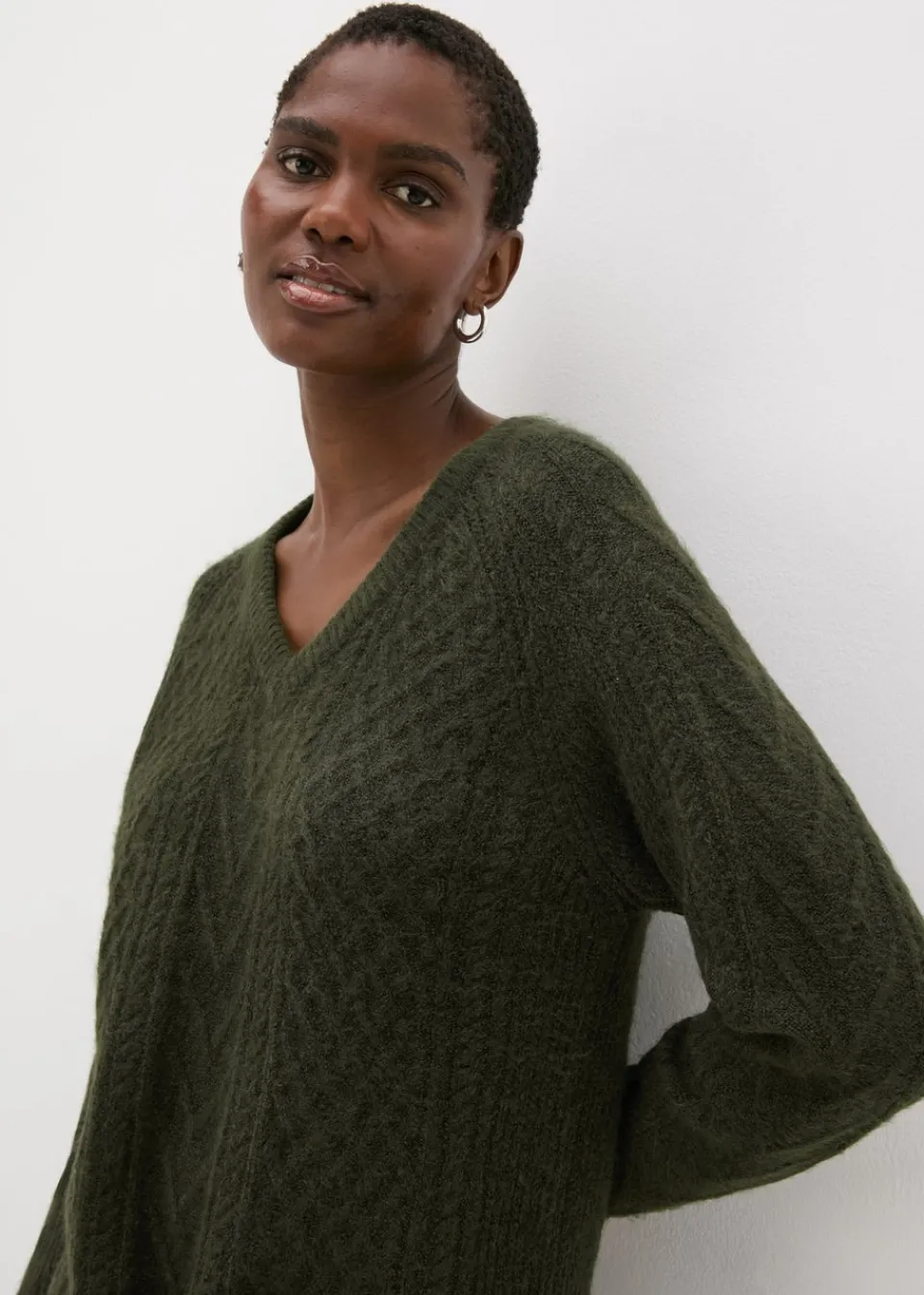 Knitwear>Papaya Green Cable Knit V-Neck Mini Dress