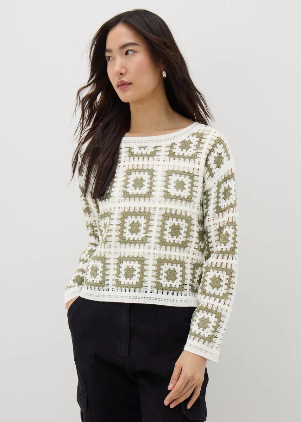 Tops>Papaya Crochet Patchwork Jumper Green