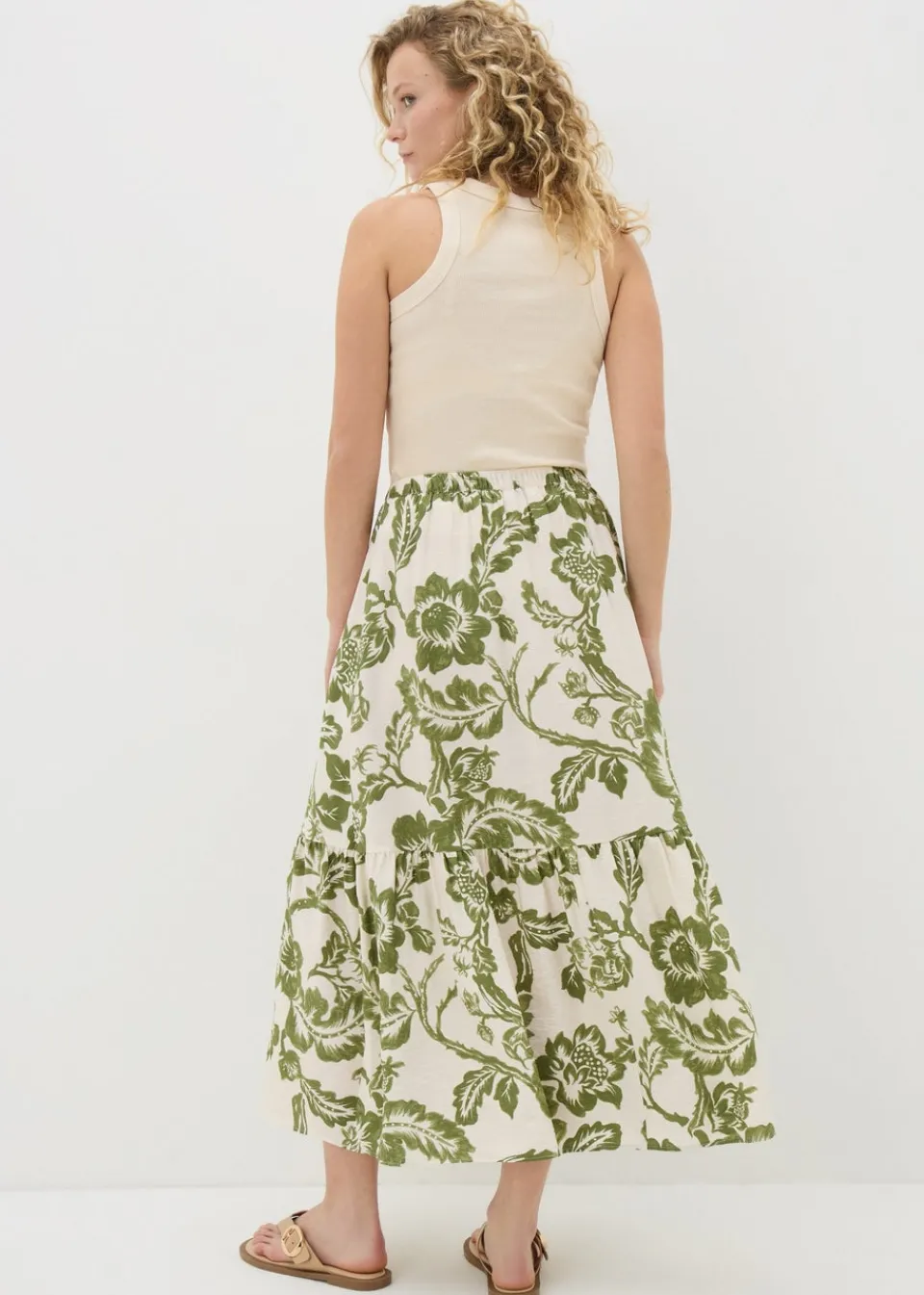 Skirts>Papaya Green Floral Button Front Tiered Midaxi Skirt