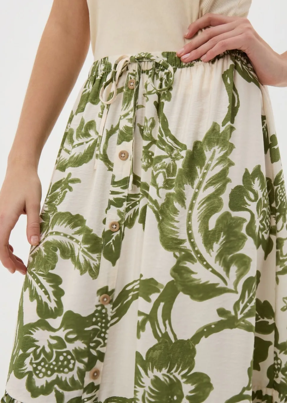 Skirts>Papaya Green Floral Button Front Tiered Midaxi Skirt