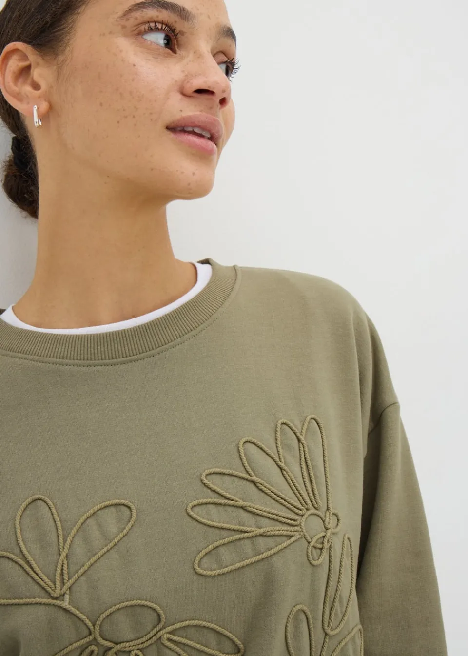 Tops> Green Floral Stitch Sweatshirt