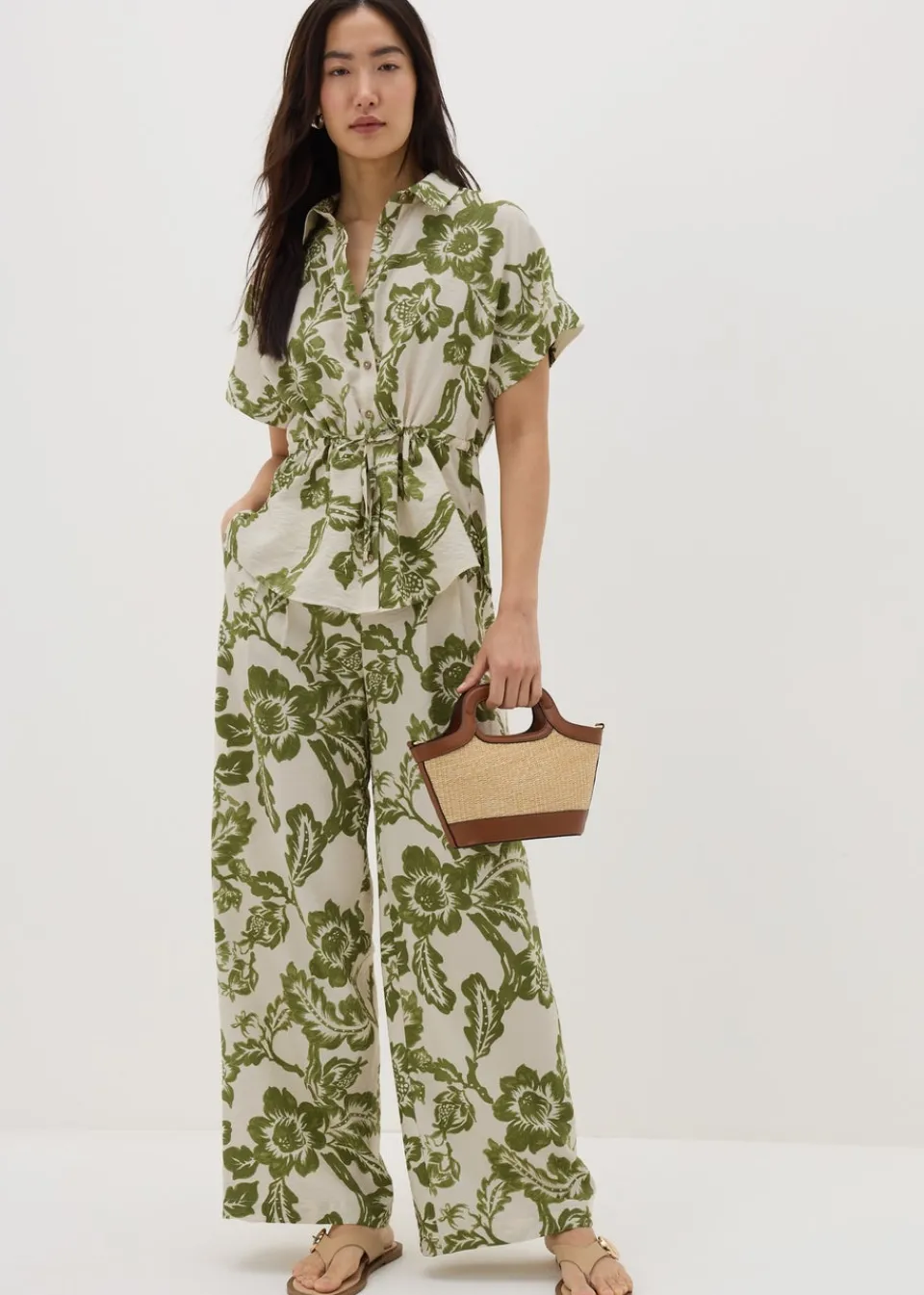 Trousers>Papaya Green Floral Wide Leg Co Ord Trousers