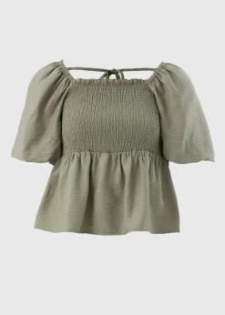 Tops>Papaya Green Shirred Tie Back Blouse