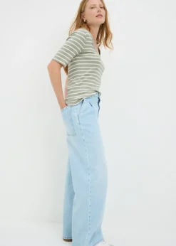 T-Shirts>Papaya Green Stripe Ribbed Scoop Neck Top