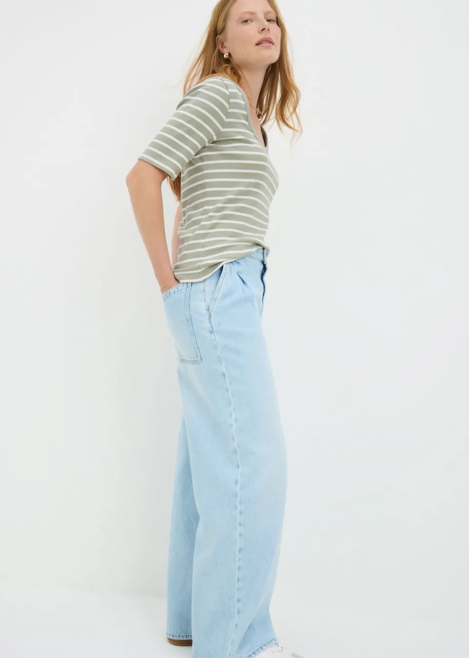 T-Shirts>Papaya Green Stripe Ribbed Scoop Neck Top