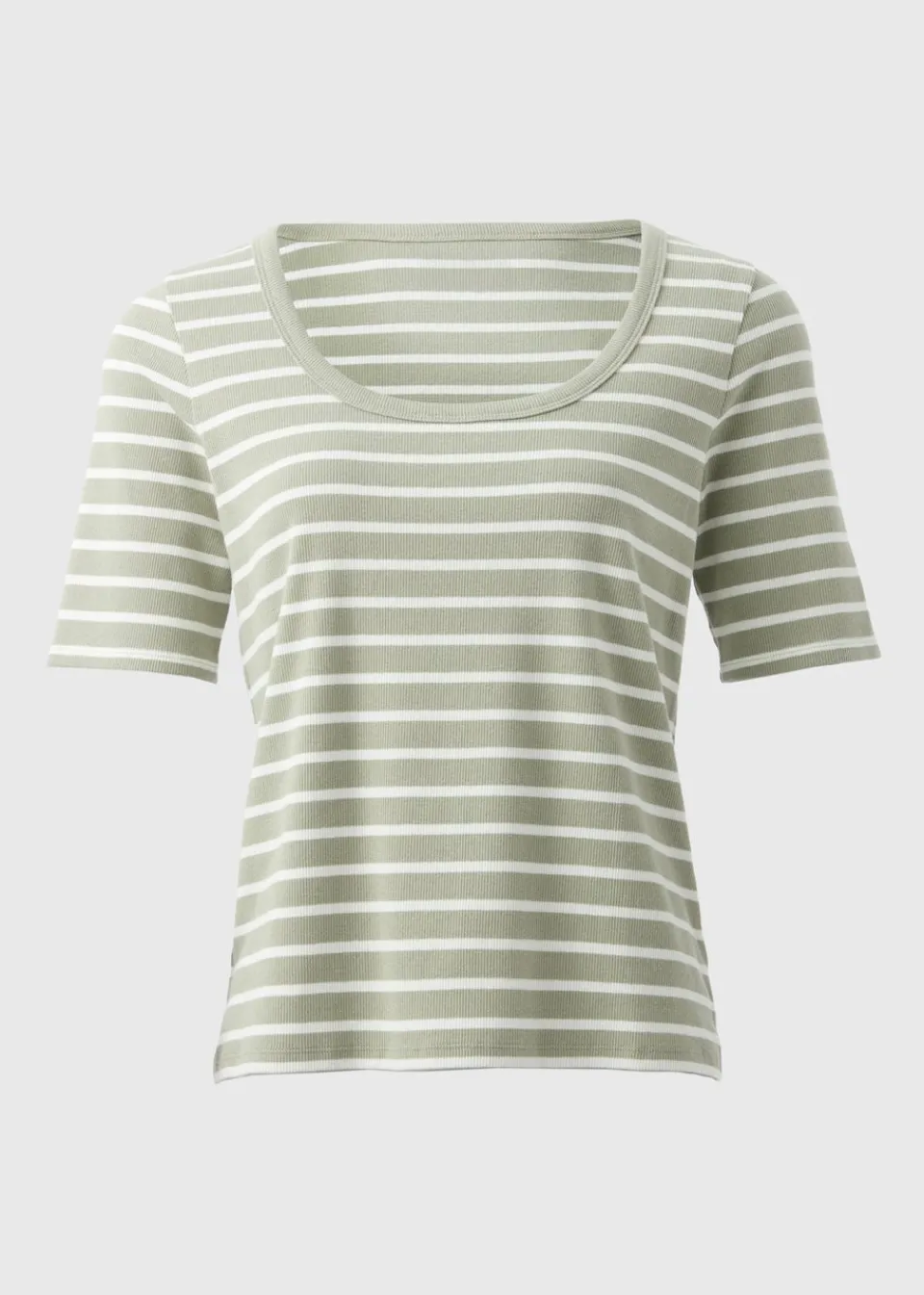 T-Shirts>Papaya Green Stripe Ribbed Scoop Neck Top