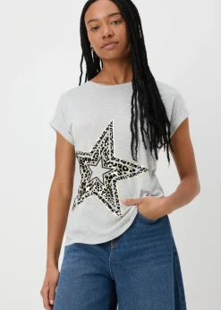 T-Shirts>Papaya Grey Animal Flocked Star Graphic T-Shirt