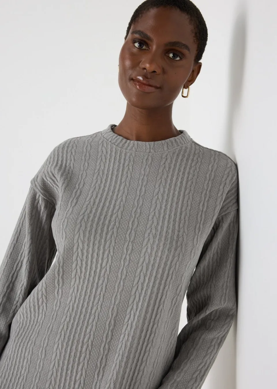 Knitwear>Papaya Cable Knit Mini Dress Grey