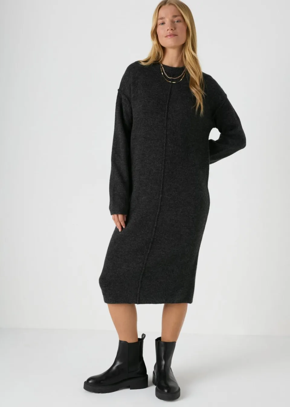 Dresses>Papaya Grey Front Seam Knitted Midi Dress